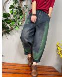 New Arrival 2022 Spring Arts Style Women Elastic Waist Patchwork Cotton Denim Harem Pants Big Pocket Vintage Blue Jeans 