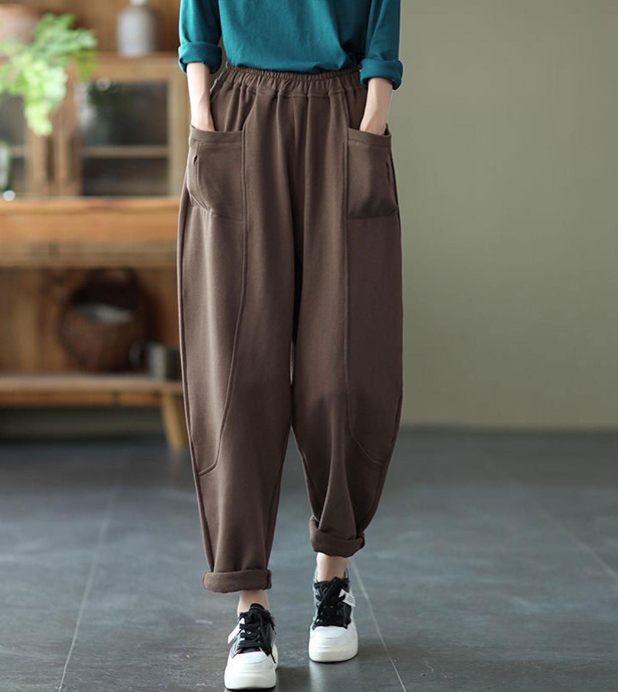 2022 Spring Autumn New Arts Style Women Elastic Waist Ankle Length Loose Pants All Matched Casual Cotton Harem Pants V62