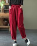 2022 Spring Autumn New Arts Style Women Elastic Waist Ankle Length Loose Pants All Matched Casual Cotton Harem Pants V62