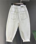 Spring Women Elastic Waist Ankle Length Loose White Jeans Pants Double Pocket Surface Wiring Design Cotton Denim Harem P