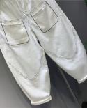 Spring Women Elastic Waist Ankle Length Loose White Jeans Pants Double Pocket Surface Wiring Design Cotton Denim Harem P