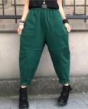 New  Spring Autumn Arts Style Women Elastic Waist Loose Anklelength Pants Allmatched Casual Cotton Green Harem Pants V45
