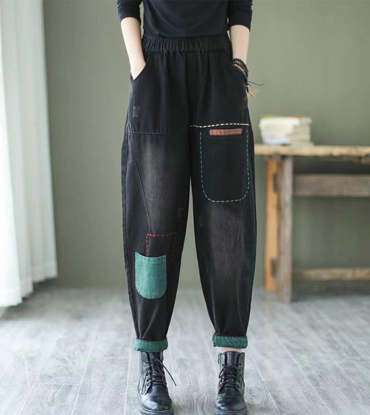 New 2022 Spring Arts Style Women Elastic Waist Loose Casual Vintage Black Jeans Open Wire Desig Cotton Denim Harem Pants