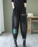 New 2022 Spring Arts Style Women Elastic Waist Loose Casual Vintage Black Jeans Open Wire Desig Cotton Denim Harem Pants