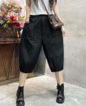  New Arrival Summer Women Casual Loose Elastic Waist Knee Length Pants All Matched Pocket Cotton Harem Pants W469pants 
