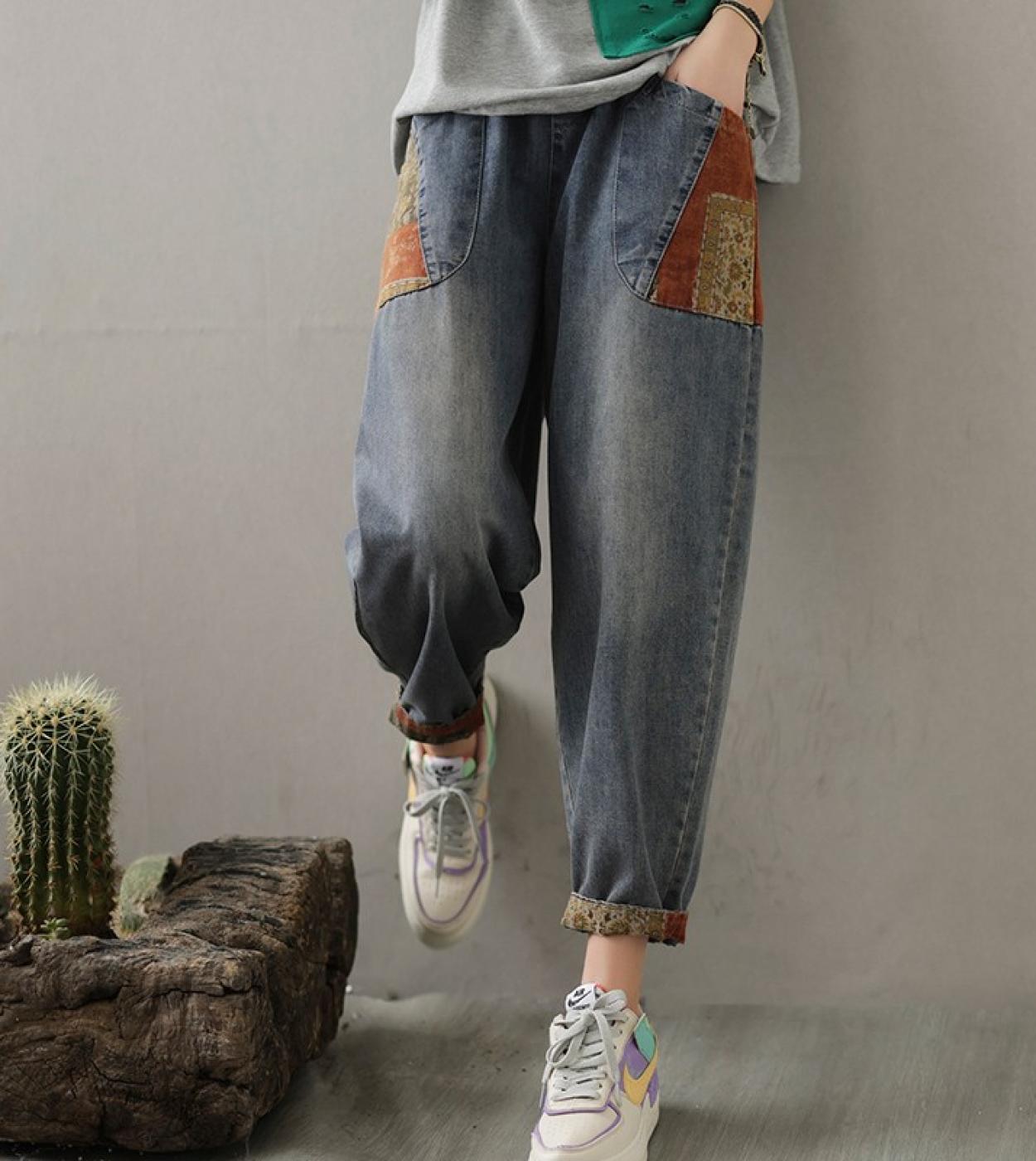 2022 Spring Summer New Arts Style Women Elastic Waist Casual Cotton Denim Harem Pants Patchwork Pocket Design Loose Jean