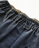 2022 Spring Summer New Arts Style Women Elastic Waist Casual Cotton Denim Harem Pants Patchwork Pocket Design Loose Jean