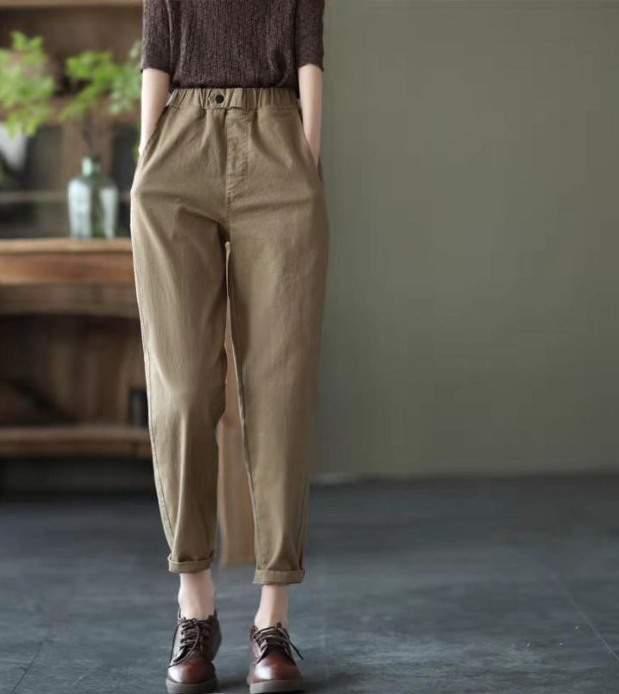 New Arrival Springautumn  Style Women Loose Casual Elastic Waist Ankle Length Pants All Matched Cotton Harem Pants W05p