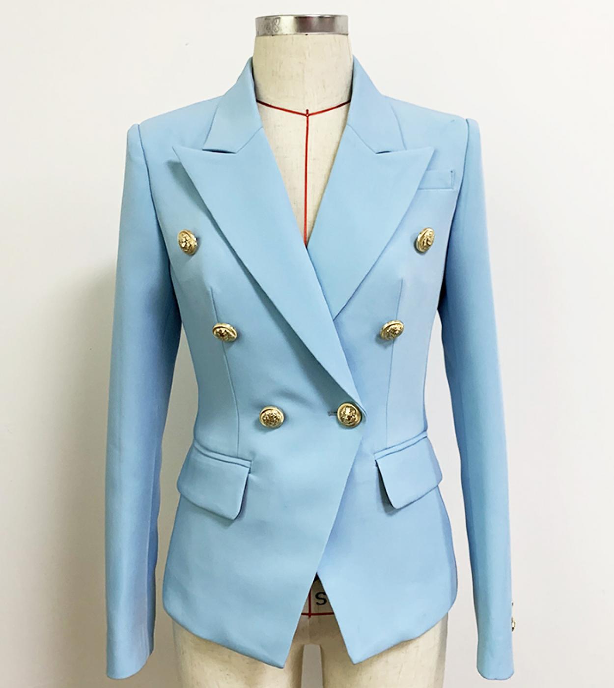 High Quality Newest  Designer Jacket Fashion Womens Classic Slim Fitting Lion Buttons Double Breasted Blazer Baby Blue 