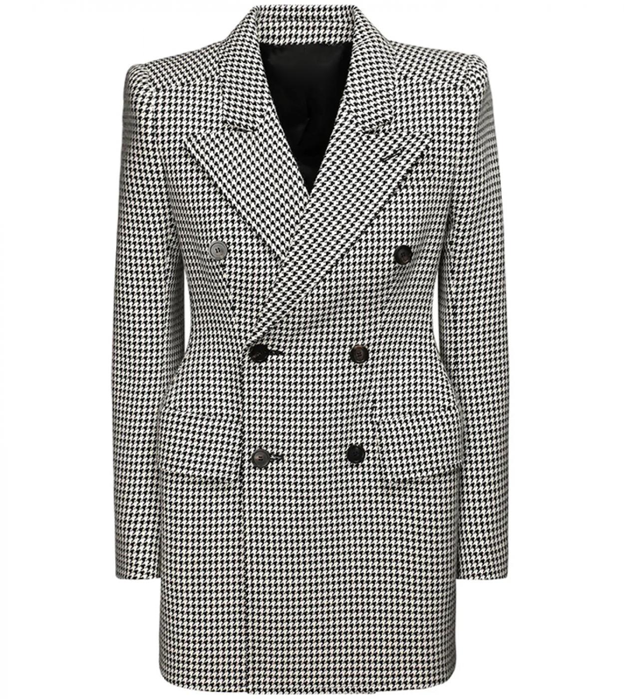 High Quanlity Newest Fashion 2023 Designer Coats Womens Slim Fitting Double Breasted Wool Blend Houndstooth Tweed Coat