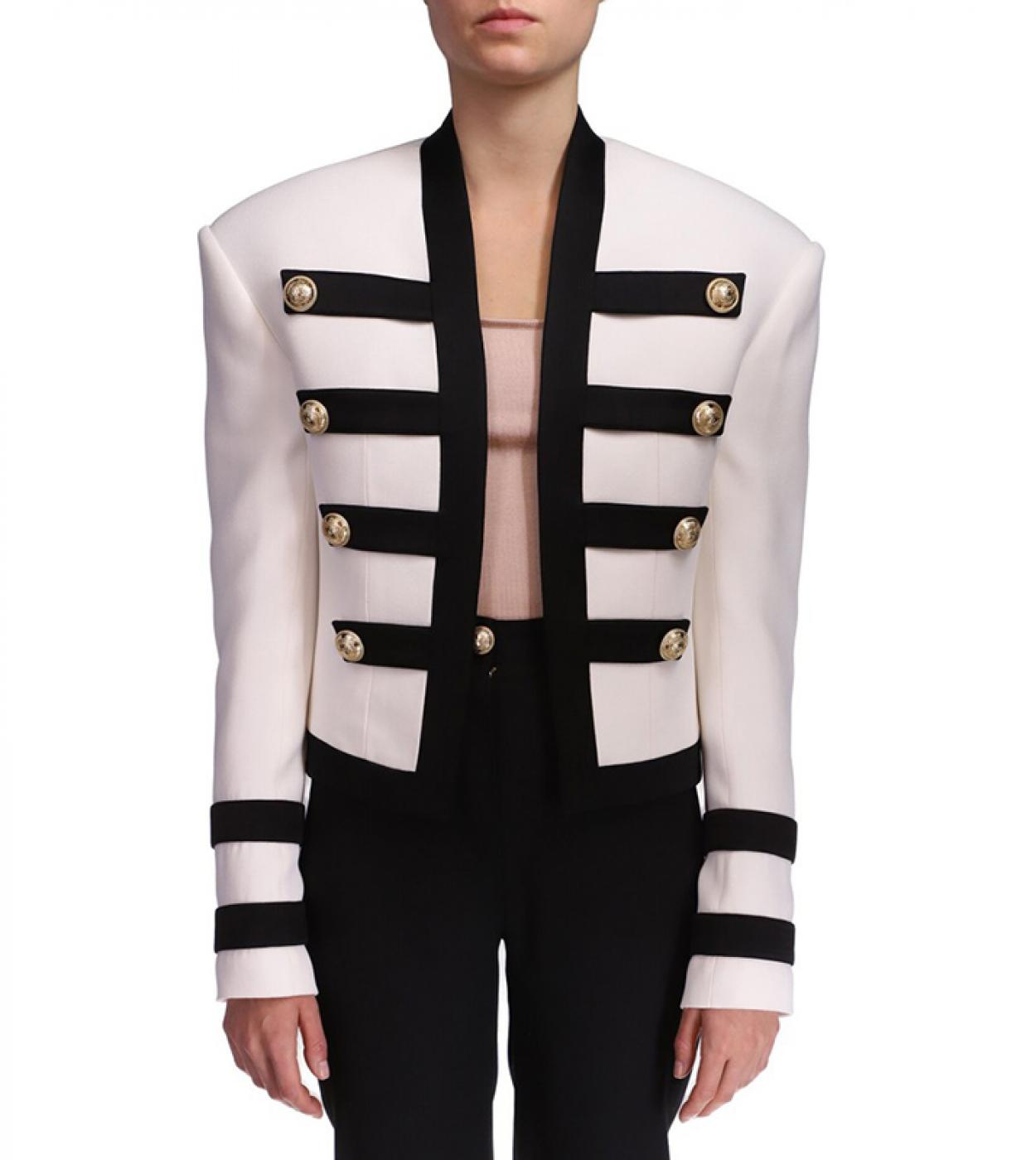 High Quality Newest 2022 Designer Runway Jacket Womens Cool Extra Shoulder Color Block Collarless Lion Buttons Band Jac