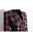 High Quality New Fashion 2023 Designer Womens Long Sleeve Notched Collar Lion Buttons Double Breasted Belted Plaid Blaz