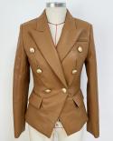 High Quality Newest  Designer Blazer Womens Lion Buttons Double Breasted Synthetic Leather Jacket Chocolate Brown  Blaz