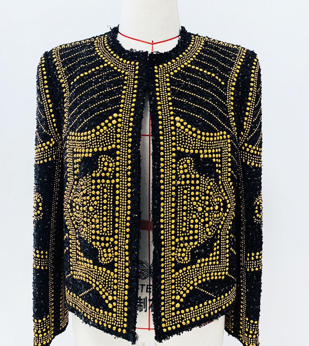 High Quality Newest Fw 2022 Designer Fashion Women Metal Rivet Embellished Tweed Jacket  Jackets