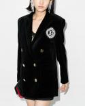 High Street Newest 2023 Fashion Designer Jacket Womens Badge Beaded Double Breasted Velvet Long Blazer