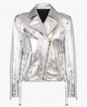 High Quality Newest 2022 Designer Fashion Womens Lacing Up Metallic Silver Synthetic Leather Motorcycle Biker Jacket  F