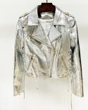 High Quality Newest 2022 Designer Fashion Womens Lacing Up Metallic Silver Synthetic Leather Motorcycle Biker Jacket  F