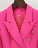 High Quality  Stylish Designer Blazer Womens Classic Double Breasted Lion Buttons Slim Fitting Blazer Jacket Hot Pink  