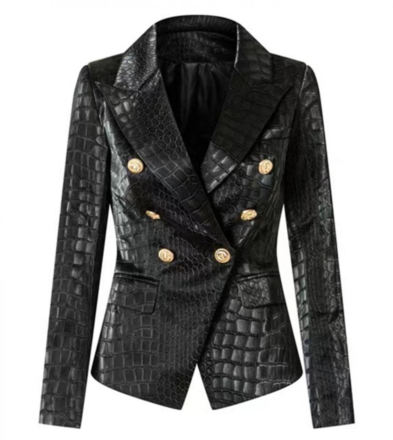 Pu Leather Jacket Crocodile Synthetic Leather 2022 Autumn Lion Head Metal Buttons Double Breasted Suit Blazer Jacket Wom