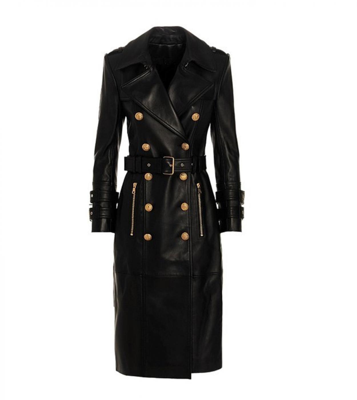 Trench Women Newest 2022 Fall Winter Designer Women Double Breasted Lion Buttons Synthetic Leather Long Trench Overcoat 