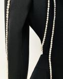الأزياء الجوف خارج Pantsuit الماس سلسلة السترة البدلة النساء الزفاف الأسود مضيئة السراويل قطعتين مجموعات الديكور سترة Ou