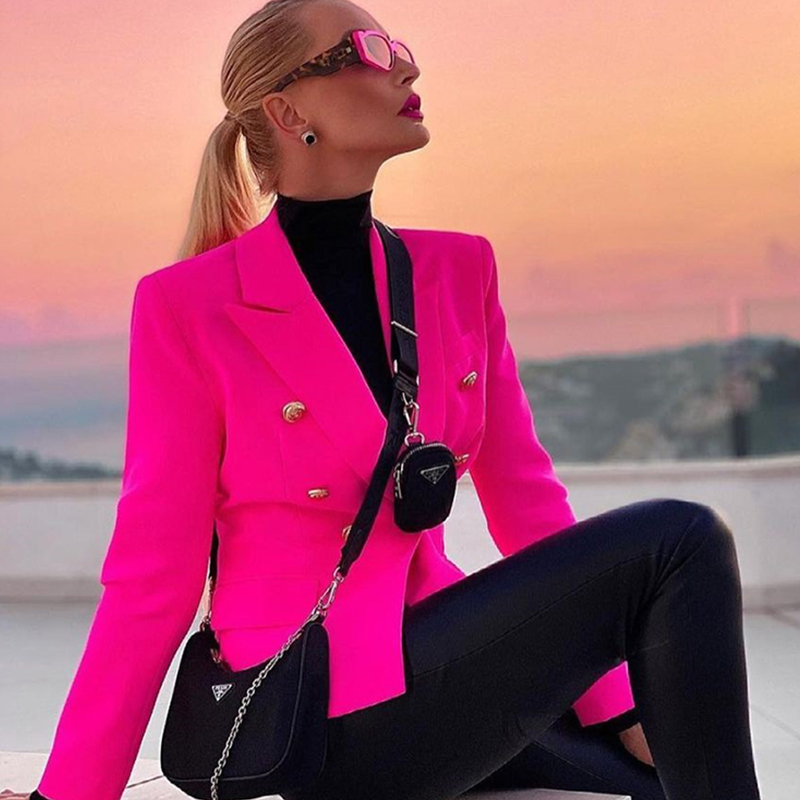 US 79.32 Orange Fushia Rose Blazer Women Office Ladies Gold Double Breasted Buttons Rose Pink Autumn New Fashion Womens Blazers Description