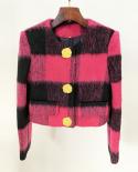 Short Jacket Hot Pink 2023 New Designer Irregular Big Gold Button Round Neck Plaid Woolen Jacket Outfit Wool  Blends Co