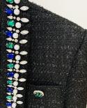 Woolen Hand Beading Jacket Women Fashion 2022 New Heavy Studded Diamond Beaded Green None Collar Short Jacket Coats Autu