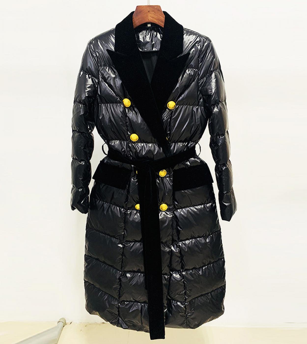 Abrigo largo de plumón negro para mujer, nuevo diseño, ropa de abrigo de invierno para mujer, abrigo con cinturón de empalme de 