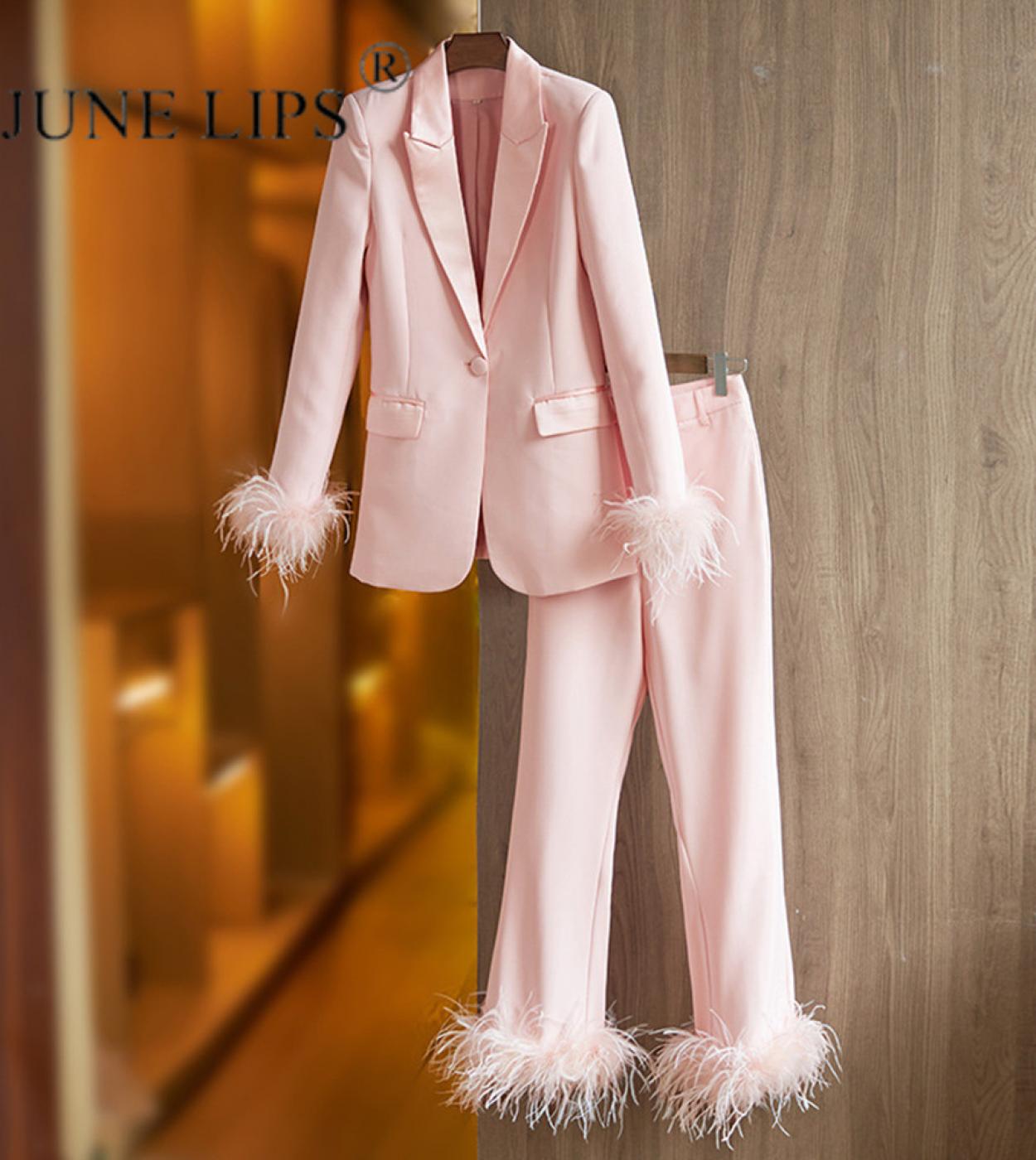 June Lips, el último traje, otoño invierno 2022, nuevo traje de empalme de plumas rosas, conjunto de pantalones de vestir con te