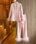 June Lips The Latest Suit Autumnwinter 2022 New Pink Feather Splice Suit Two Piece Temperament Dress Pants Set  Pant Se