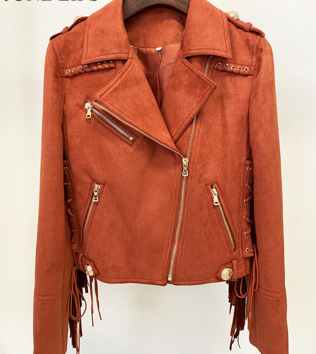 June  Lips   2022 Designer Fashion Womens Lacing Up Tassel Synthetic Suede Leather Motorcycle Biker Jacket