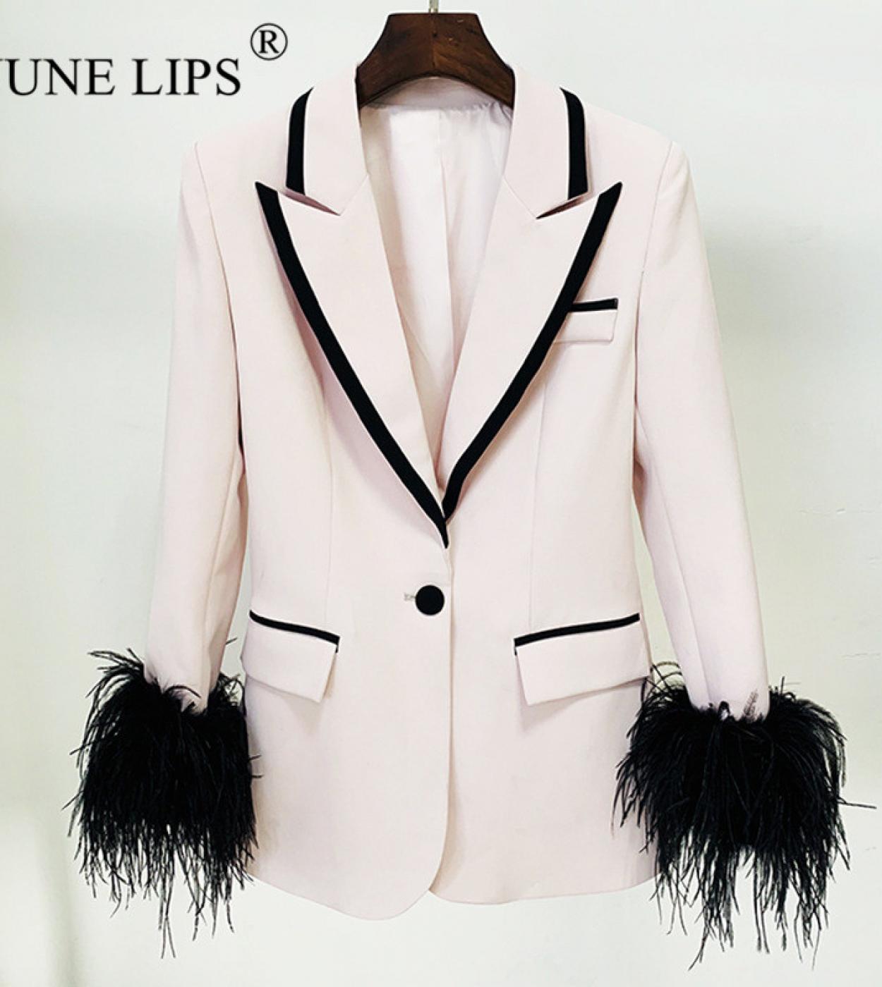 June Lips 2022 Spring New Cuff Feather Decorative Stitched Suit Jacket Womens High End Elegant Lapel Formal Business Su