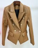 High Street Newest  Designer Jacket Womens Lion Buttons Double Breasted Slim Fit Synthetic Leather Blazer Chocolate Bro