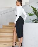 Wowens Length Sleeve Diagonal Collar Bandage Dress  Split Black White Patchwork Midi Celebrity Evening Club Party Dress