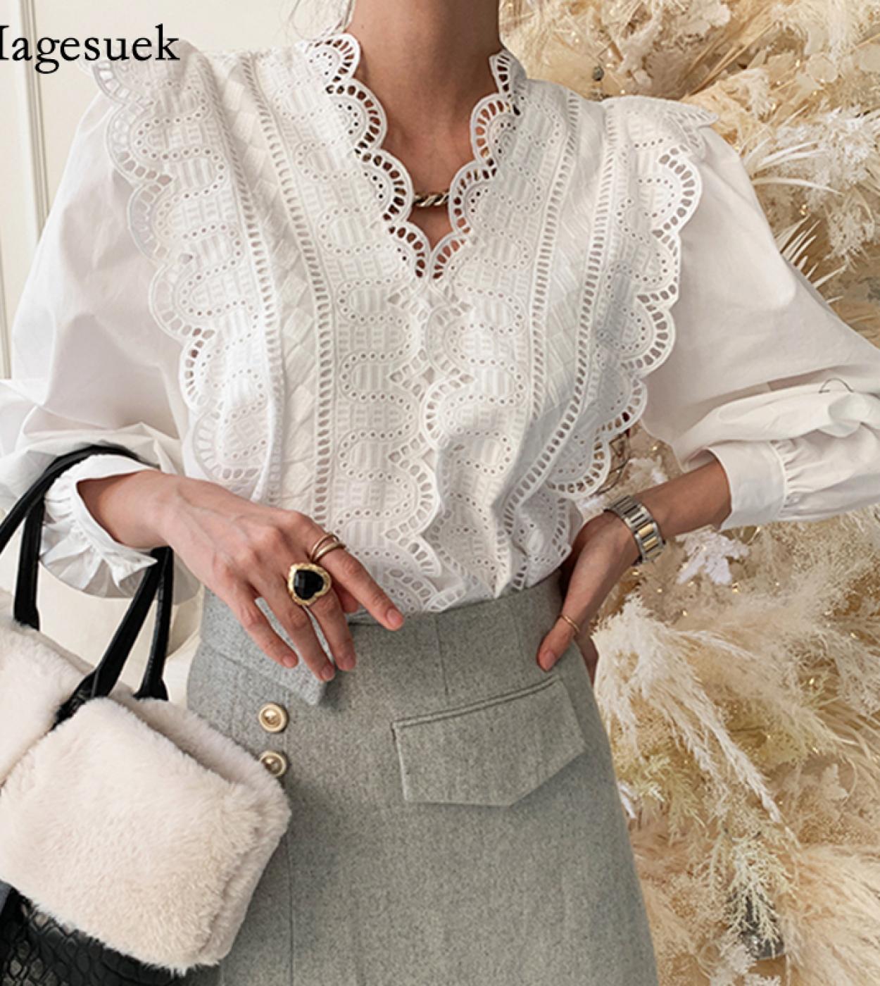 Vintage manga larga encaje mujer camisa Tops Blusas moda elegante cuello en V blusa de algodón blanco mujeres ahueca hacia fuera