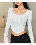 Street   Hot Girls Cropped T Shirt Women Pleated Pullover Blouse Slim Elegant White Tees Long Sleeve U Neck Tops Women 2