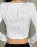 Street   Hot Girls Cropped T Shirt Women Pleated Pullover Blouse Slim Elegant White Tees Long Sleeve U Neck Tops Women 2