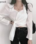White Shirts For Women Chic Solid Square Collar Cropped Women Shirt Elegant Slim Women Long Sleeve Tops Blusas Fashion N