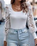 Slim  Hollow Out Knitted Blouse Women Lace Patchwork Long Sleeve Pullover Shirt Women Floral U Neck Women Clothing New 2