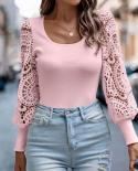 Slim  Hollow Out Knitted Blouse Women Lace Patchwork Long Sleeve Pullover Shirt Women Floral U Neck Women Clothing New 2