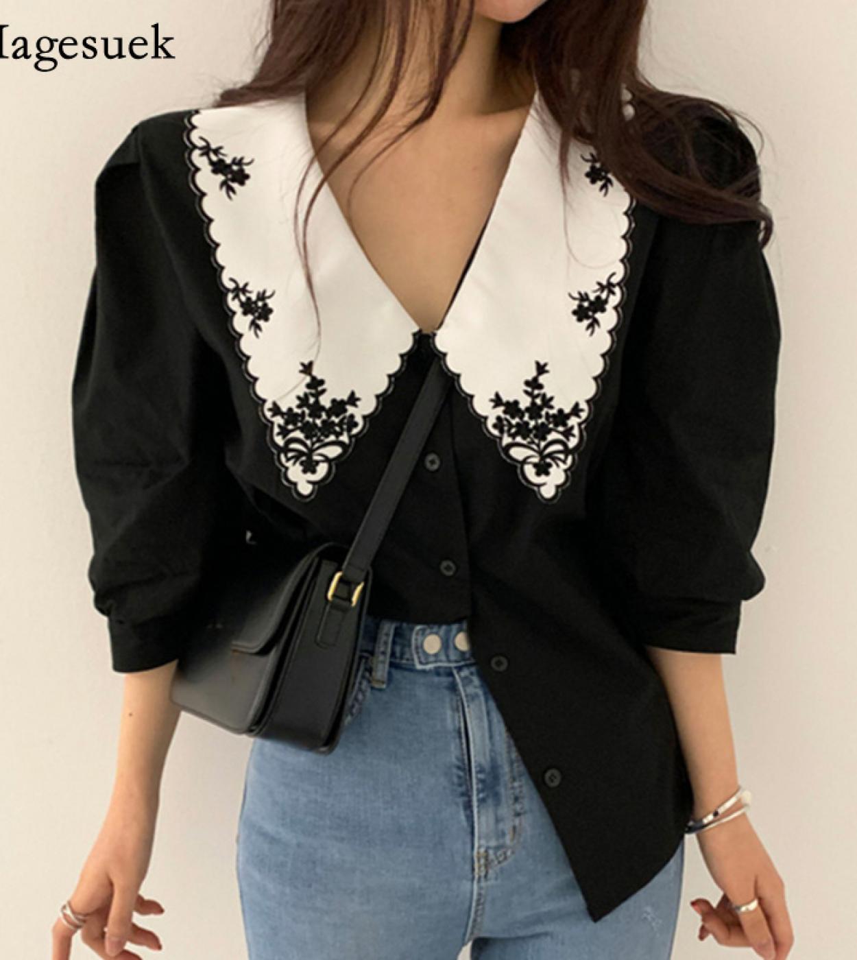 Elegant White Floral Embroidery Women Shirts Vintage Blusas Mujer De Moda 2022  Chic Puff Sleeve Blouse Clothes Tops 142