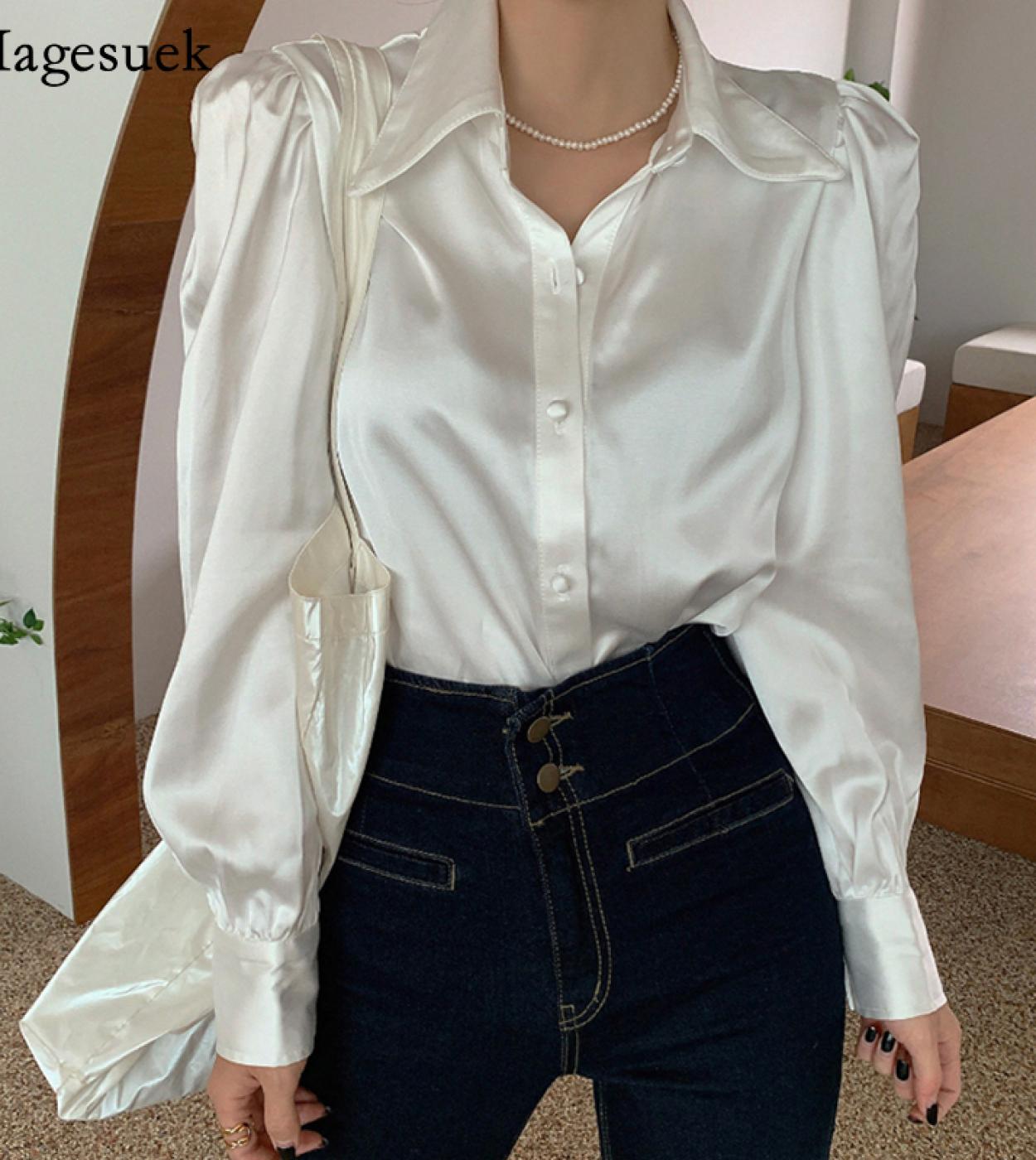  Spring Loose Satin Women Shirts Blouses Button Long Sleeve Office Solid Shirt Women White Blouse Tops Blusas Mujer 1263