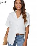 White Satin Shirt Women 2022 Summer Short Sleeve Loose Womens Blouse Tops Casual Notched Office Lady Button Silk Shirts