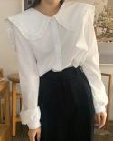  Chic Ruffles Singlebreasted White Blosue Women Spring Vintage Cotton Shirt Female Long Sleeve Oversized Tops Blusa 1483