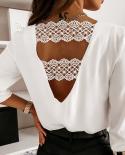 New Spring Long Sleeve Crochet Lace Shirt Blouses Women Casual Backless  Shirt Tops Vneck Solid White Chiffon Blouse 124