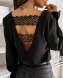 New Spring Long Sleeve Crochet Lace Shirt Blouses Women Casual Backless  Shirt Tops Vneck Solid White Chiffon Blouse 124