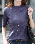 Half High Collar Solid Knitted Shirt Tops Fashion Solid Slim Half Sleeve Blouse Casual Bottoming Shirt Womens Clothing 