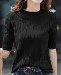 Half High Collar Solid Knitted Shirt Tops Fashion Solid Slim Half Sleeve Blouse Casual Bottoming Shirt Womens Clothing 