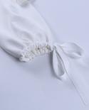 Elegant  Slash Neck Womens T Shirt Vintage Lantern Sleeve Bandage Casual White Tee Shirts Slim Solid Office Lady Tops 2
